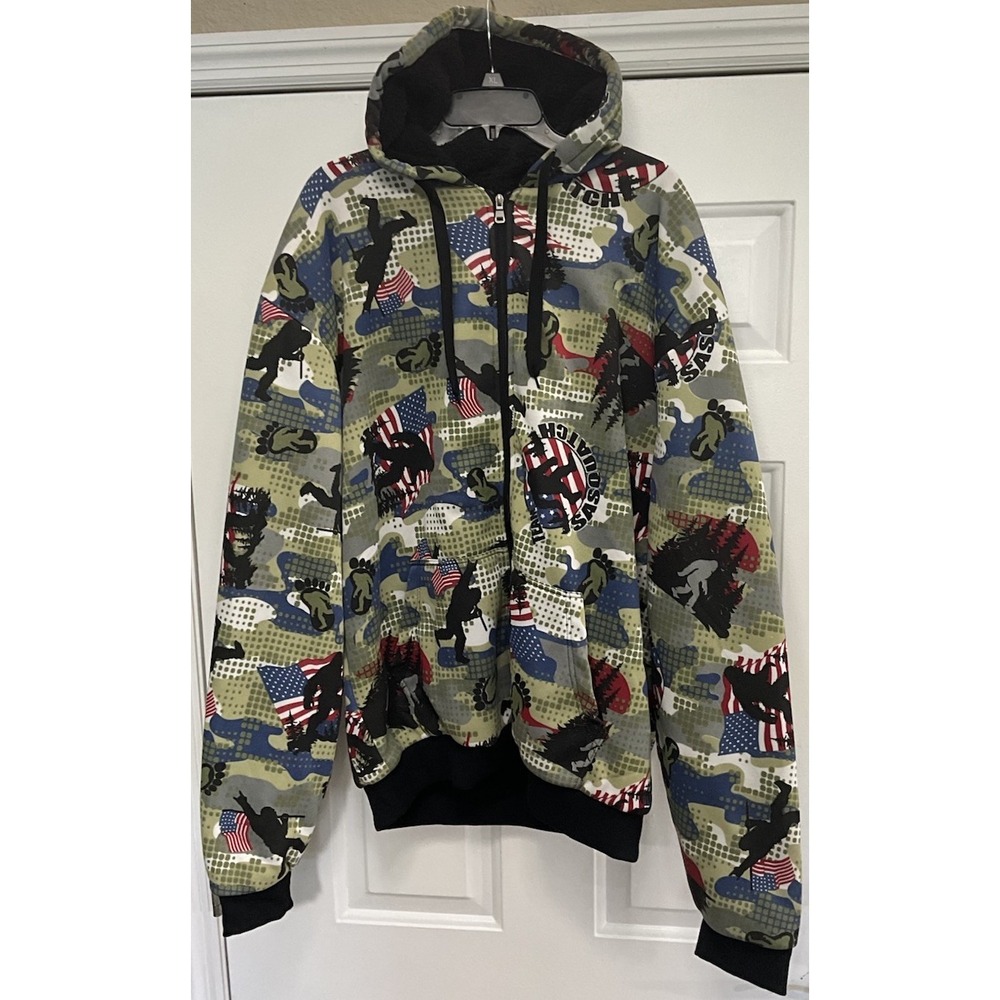 Big Ball Sports Sherpa Lined Hooded Camo Jacket USA Bigfoot Sasquatch Men's XXL
